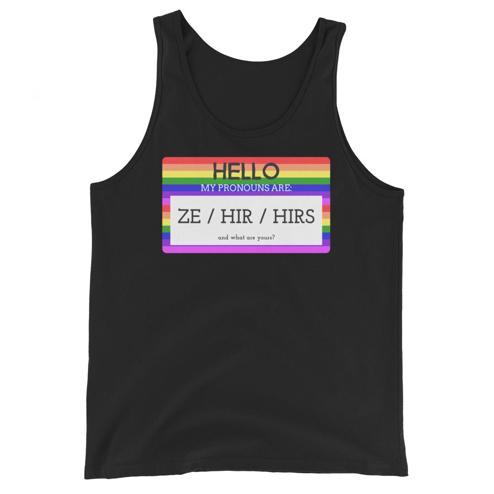 Front view of a black tank top with a rainbow pronoun badge reading “ZE / HIR / HIRS.”