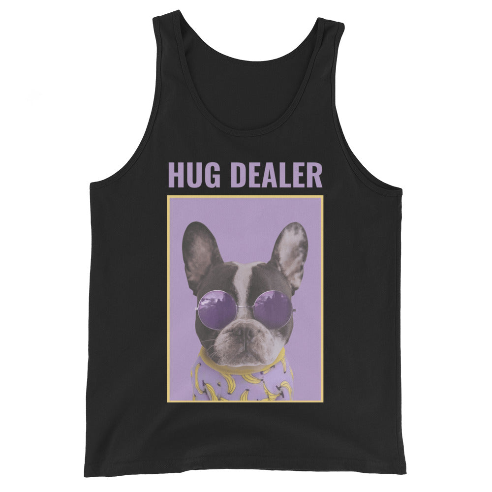Black tank top with “HUG DEALER” text and a French bulldog wearing purple sunglasses
