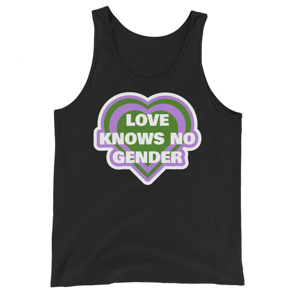 Unisex black tank top with a green, purple, and white heart and 