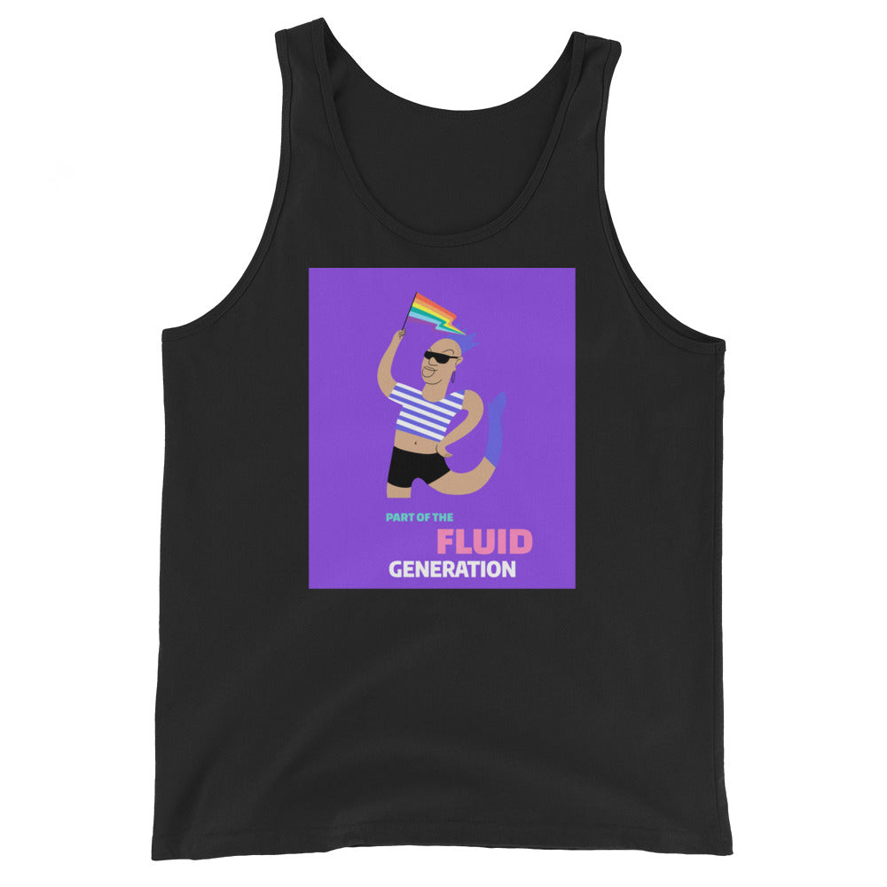 Black tank top with purple graphic reading “PART OF THE FLUID GENERATION”