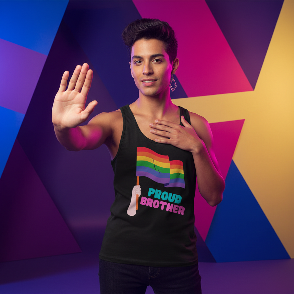 Proud BroTher Unisex Tank Top with rainbow flag and "Proud Brother" text, worn by a queer person in a vibrant, lit space.