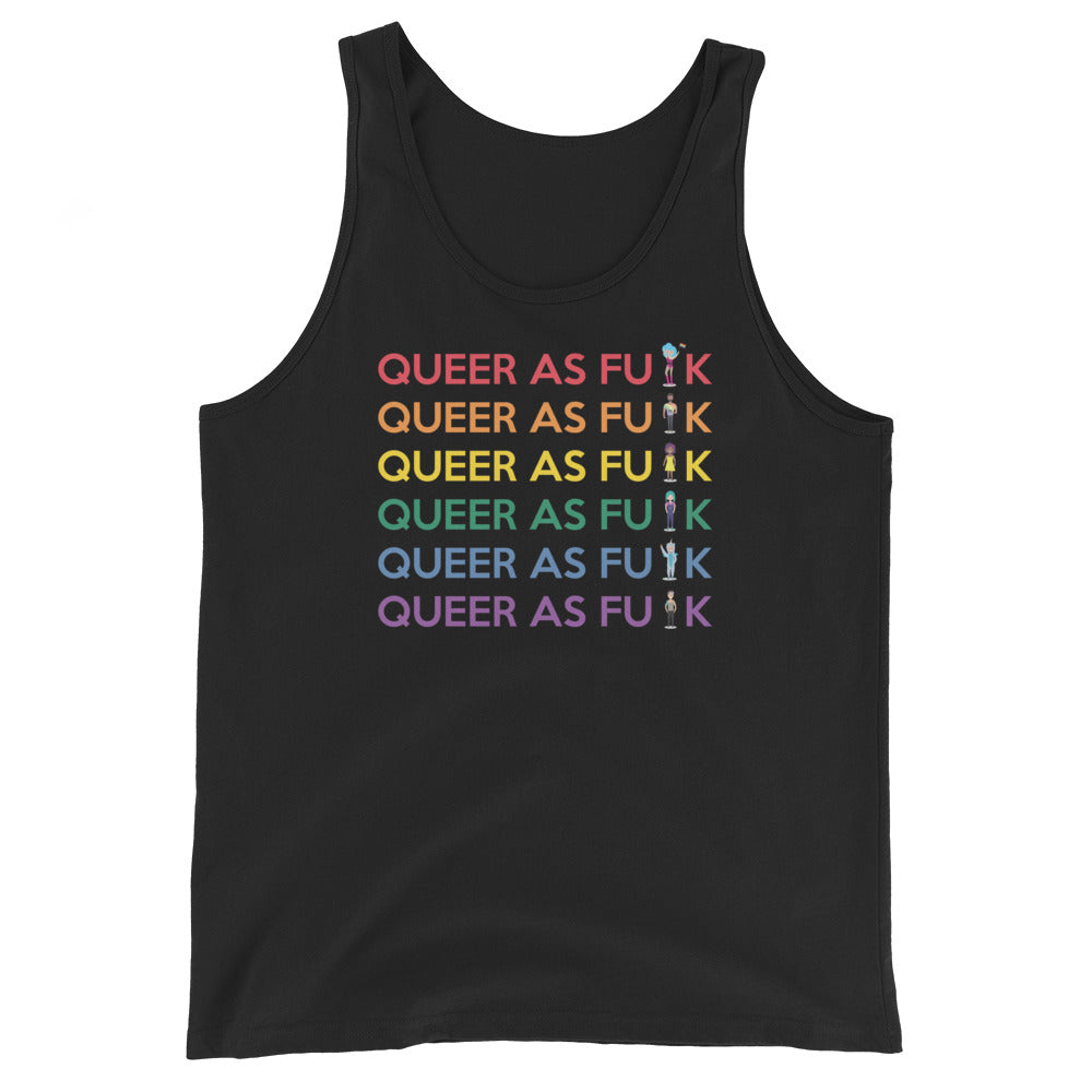 Unisex tank top with “QUEER AS FU*K” in rainbow letters; each “U” is a pride unicorn, centered on chest—loud for Pride.