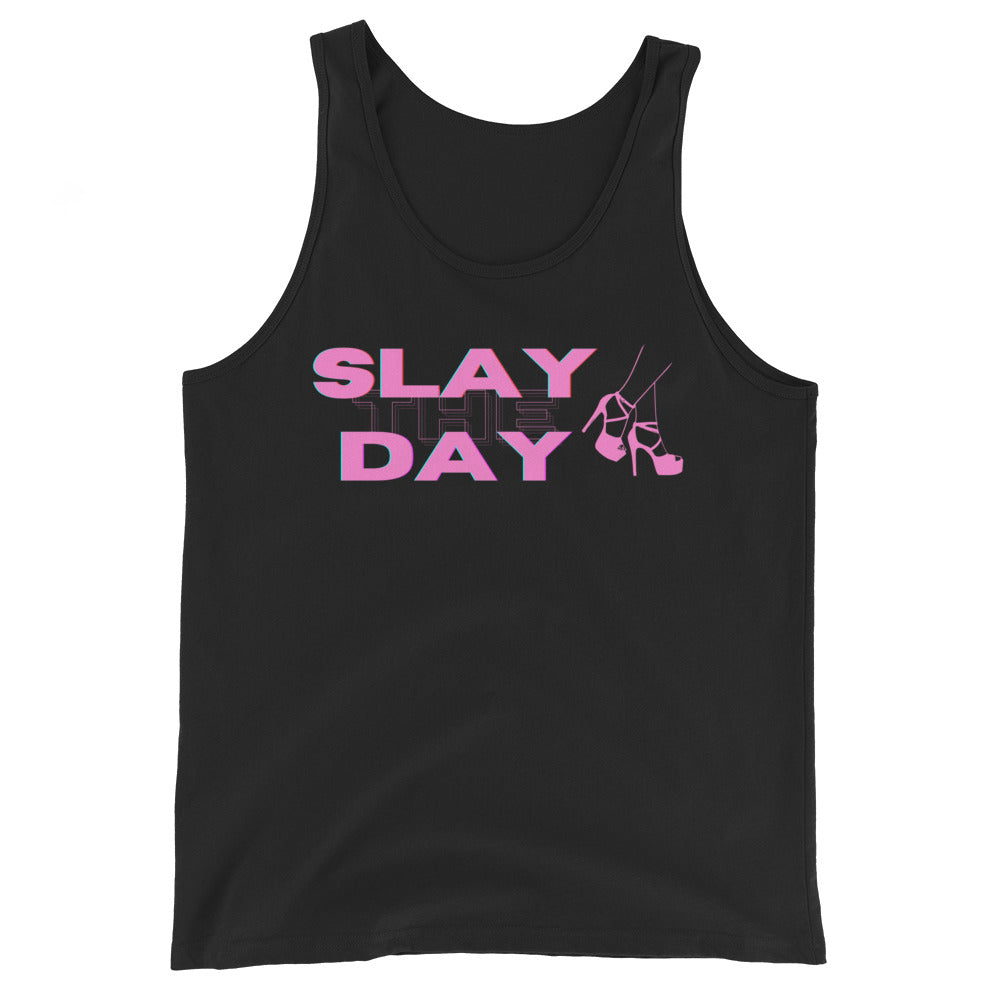 Black tank top with pink “SLAY THE DAY” text and high-heel graphic