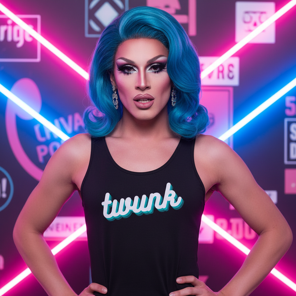 Twunk Unisex Tank Top on a drag performer with teal hair, statement makeup, chandelier earrings; neon pink and blue pride backdrop.