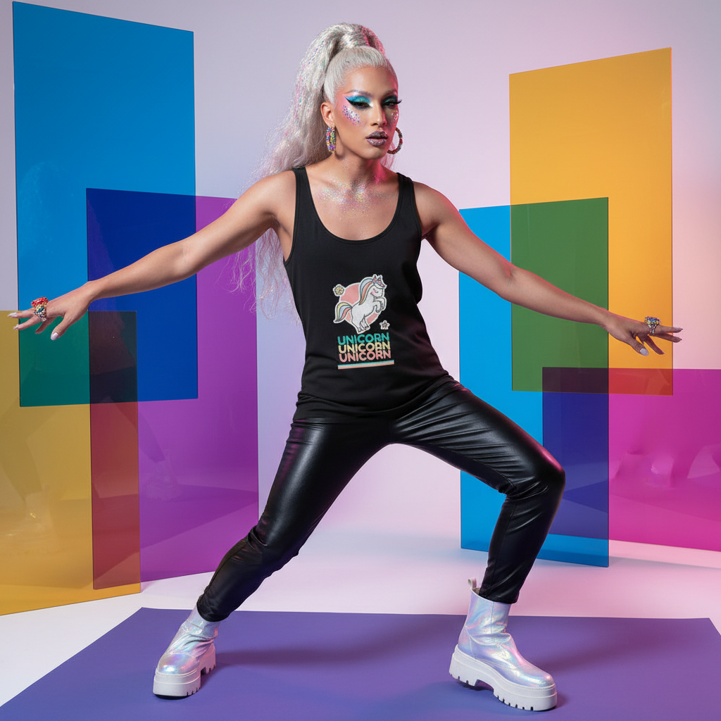 Unicorn Unicorn Unicorn Unisex Tank Top on a bold, glittery queer icon in silver boots, posing proud before vibrant panels.