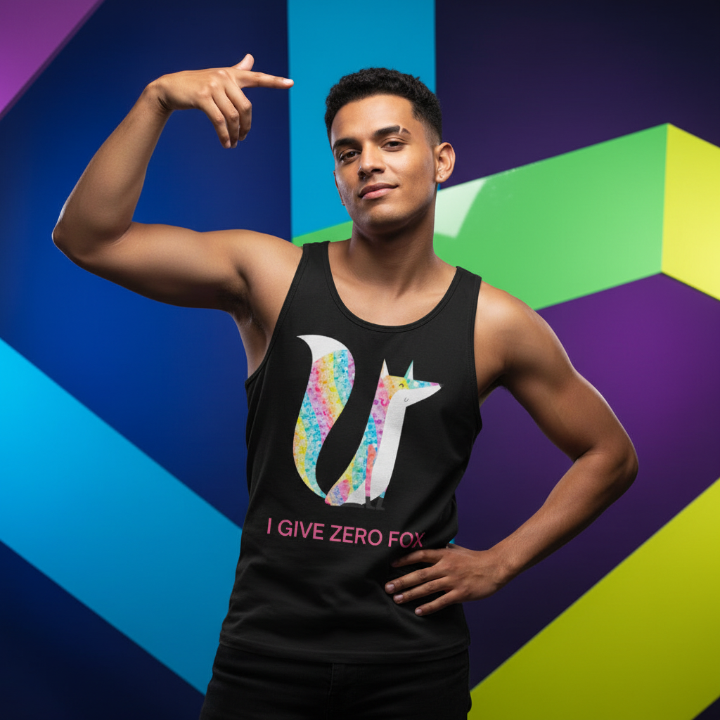 Young man in a black tank top featuring a multicolored fox and I GIVE ZERO FOX slogan, embodying queer pride, empowerment, and self-expression.