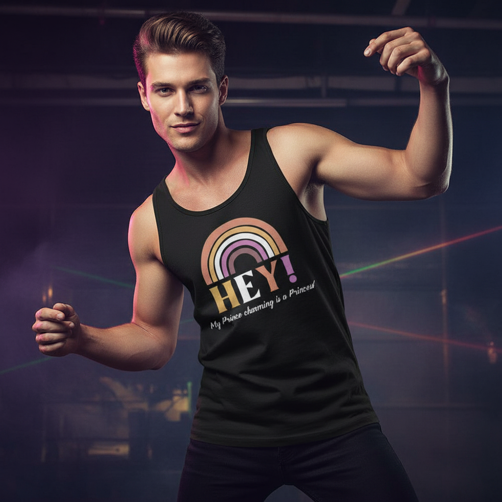 A young man poses in a club wearing the Hey! My Prince Charming Is A Princess! Unisex Tank Top. The black tank features a rainbow and empowering slogan, embodying bold queer pride and self-expression.