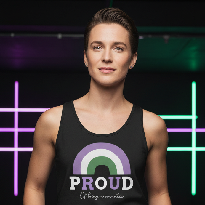 A person displays the Proud Of Being Aromantic Unisex Tank Top in a dark setting with neon lights. The tank top features aromantic pride colors, celebrating identity and empowerment with bold self-expression.