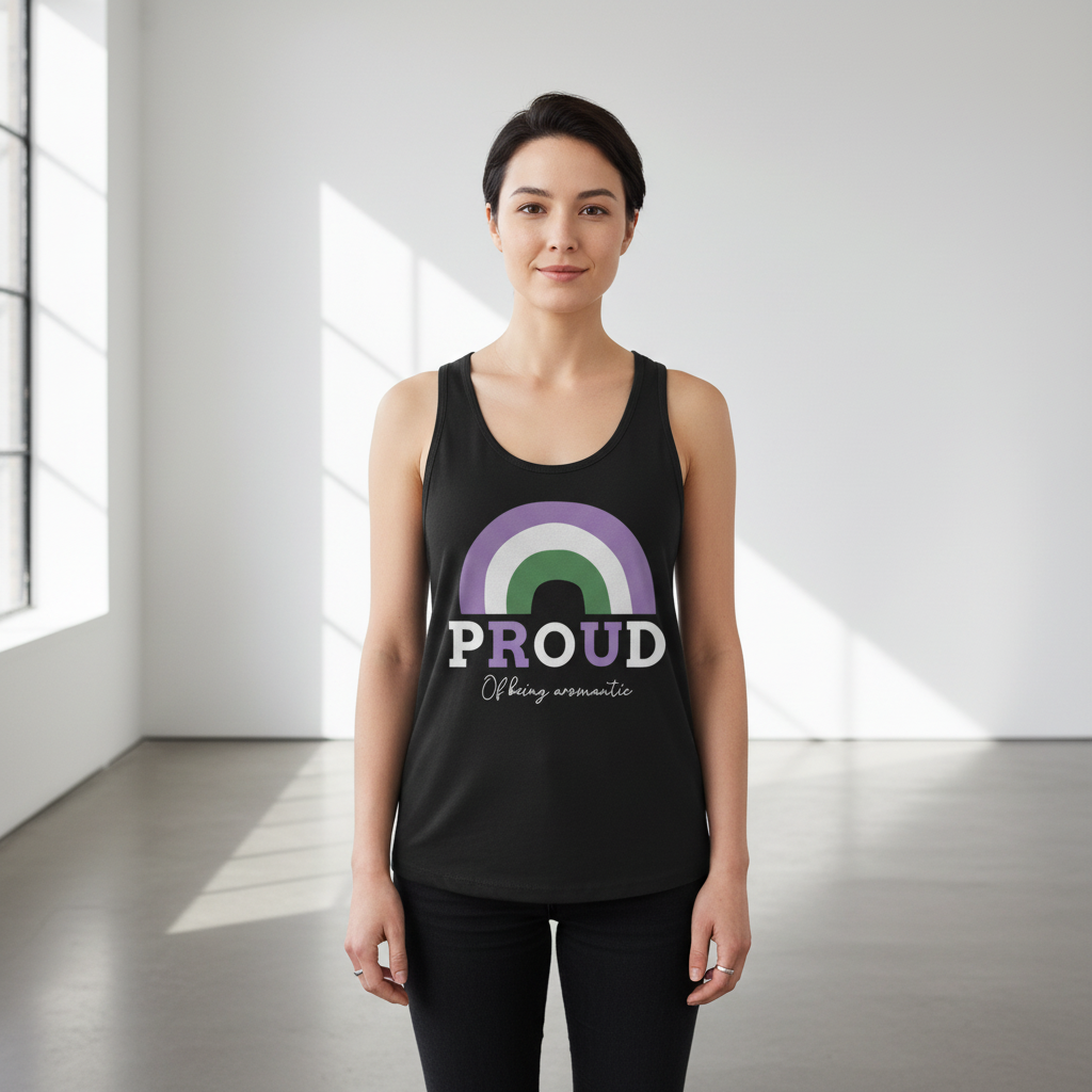 Unisex tank top with aromantic rainbow and "PROUD of being aromantic" slogan, worn by short-haired person in sunny, minimal room.