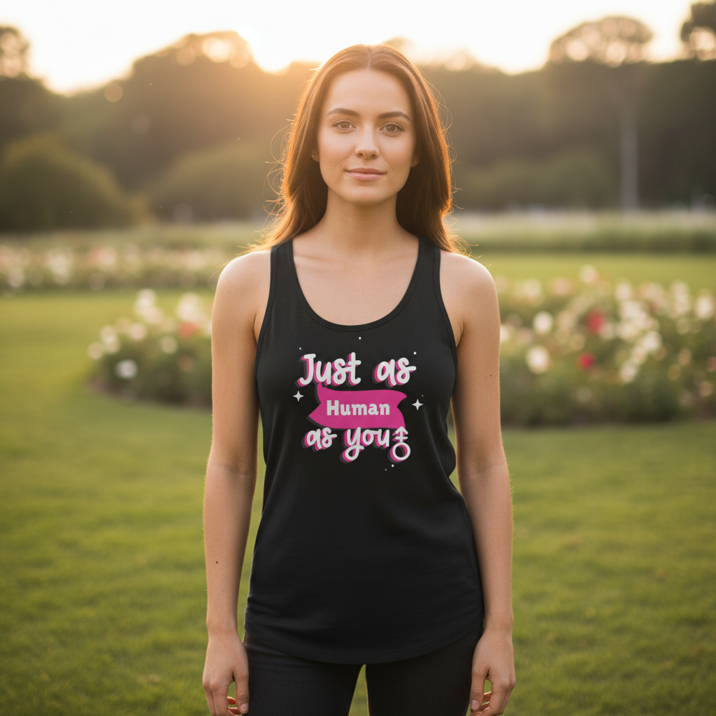 Young woman in a Just As Human As You Unisex Tank Top, empowering and inclusive, symbolizing queer pride and self-expression. She stands confidently outdoors, embodying bold, joyful queer energy.