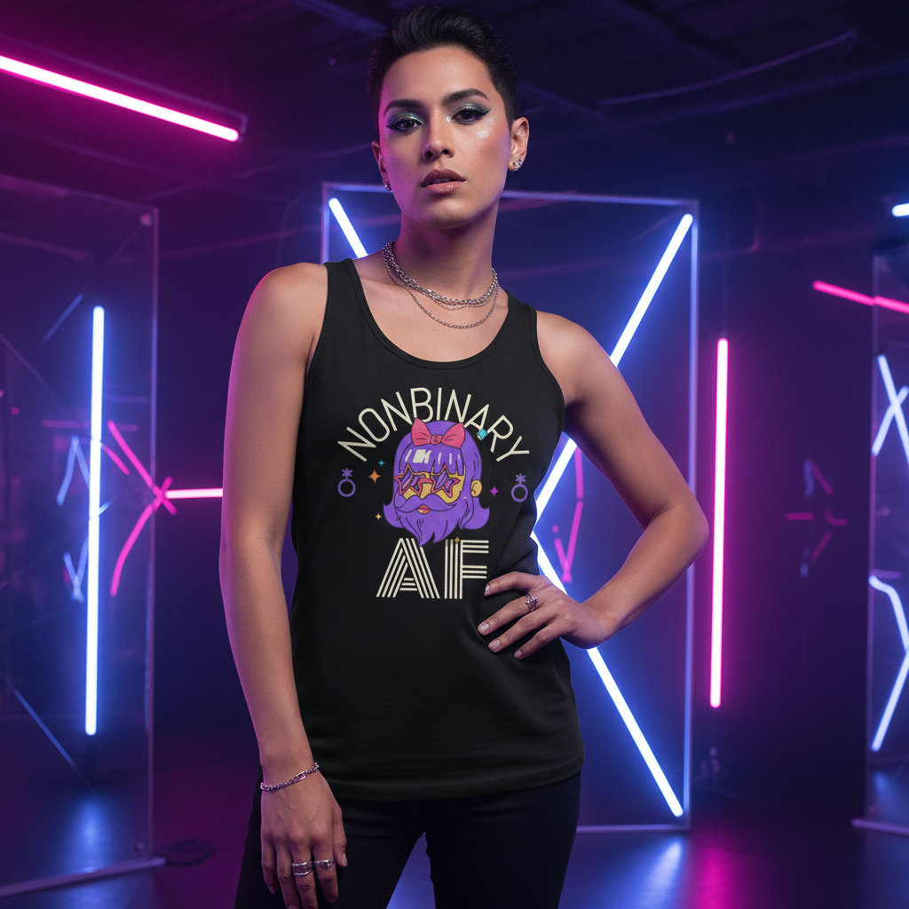 Person in a dark room wears a black Nonbinary AF Unisex Tank Top, featuring a purple-haired cartoon face. Neon lights complement the tank's bold, pride-affirming design.