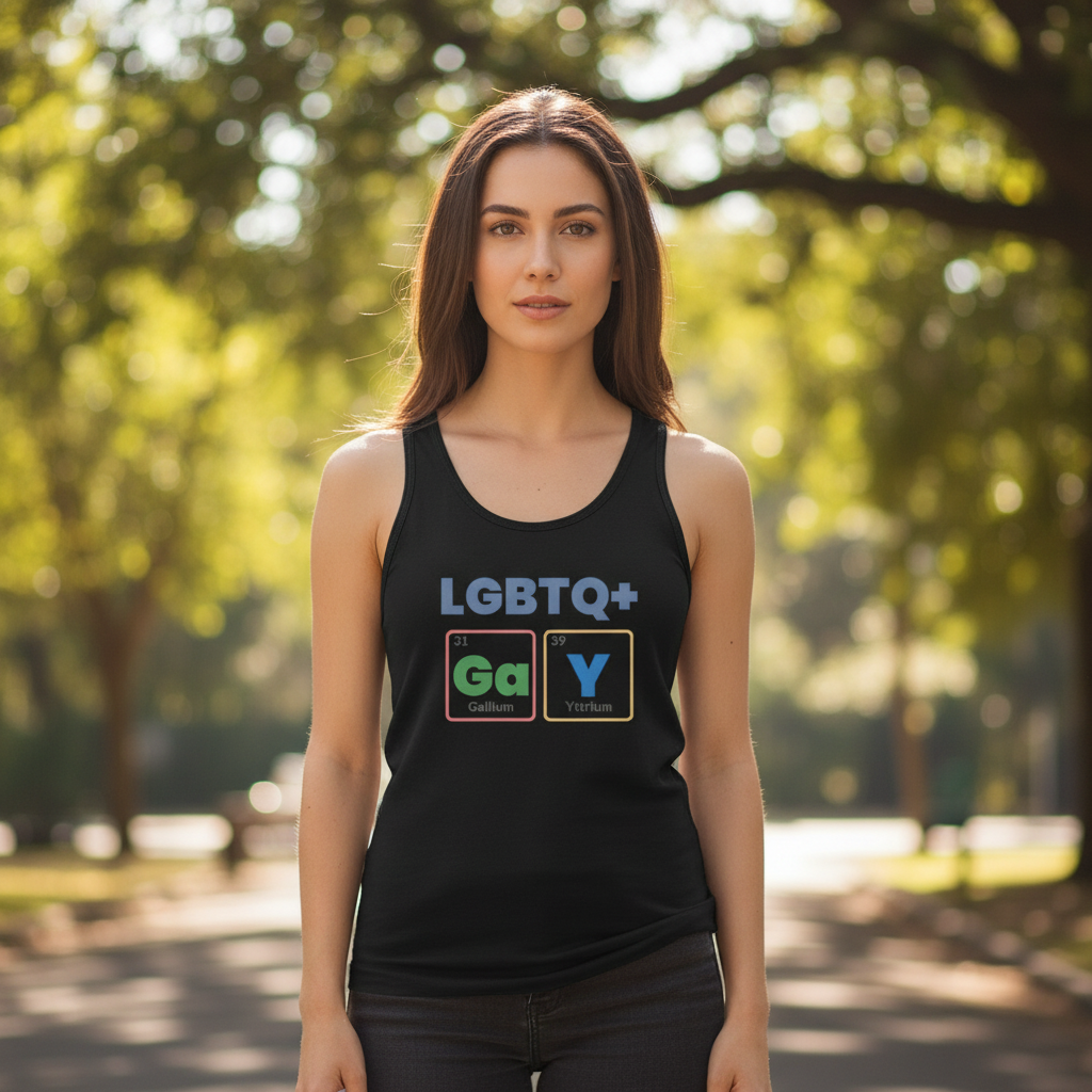 Young person outdoors wearing the LGBTQ+ GaY Unisex Tank Top, featuring periodic-table-style elements for Ga and Y, boldly celebrating queer pride and self-expression with empowering, inclusive fashion.
