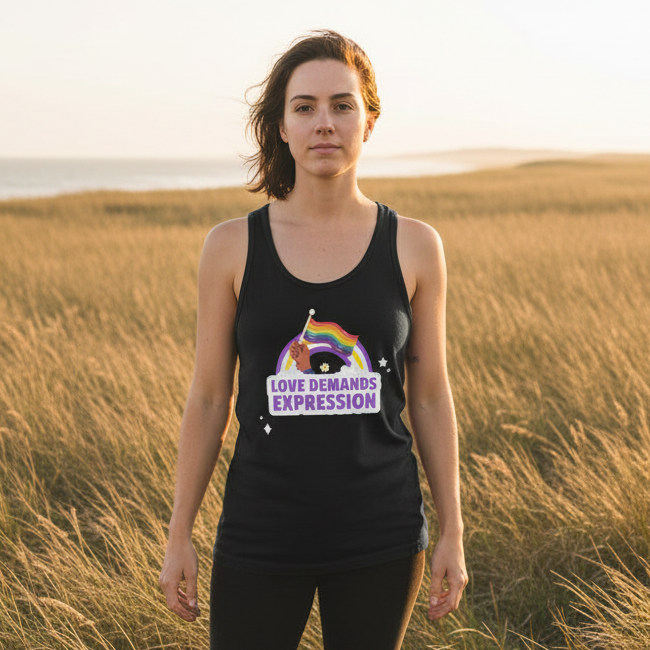 Love Demands Expression Unisex Tank Top with a bold rainbow and raised fist, worn at sunset by the water for queer pride vibes.