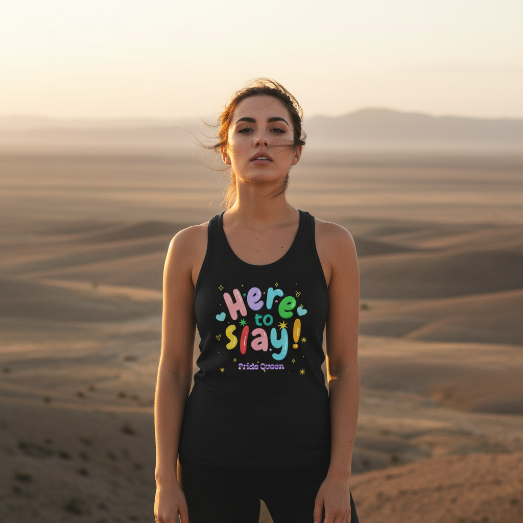 Young woman in a windswept desert wears the Here To Slay! Pride Queen Unisex Tank Top, a black racer-style top with colorful Here to slay! slogan, hearts, stars, and Pride Queen text.