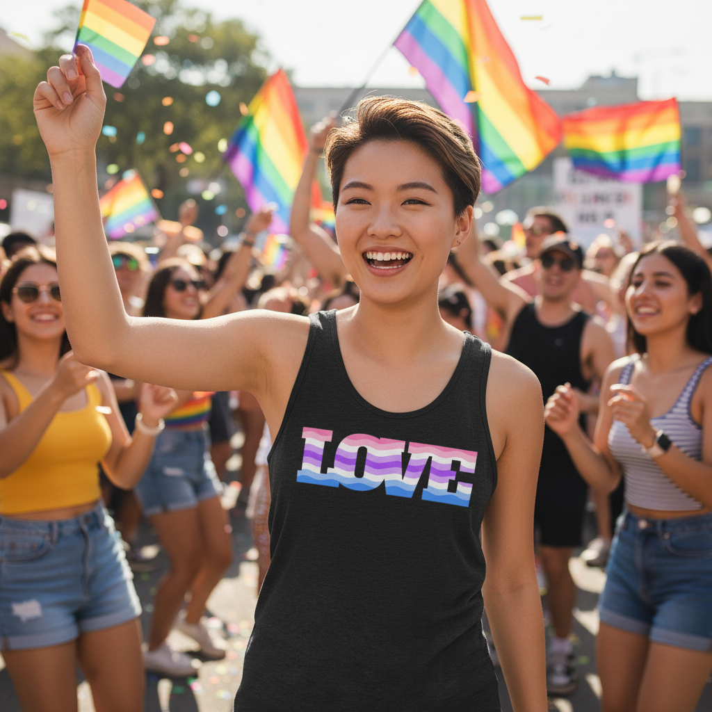 Genderfluid Love Unisex Tank Top with pastel "LOVE" lettering, worn at Pride by a smiling flag-waver among queer folks and rainbows.