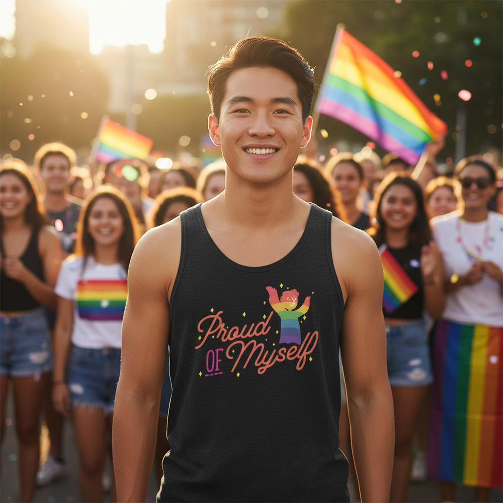 Smiling person in a black tank top reading “Proud Of Myself” at a Pride event