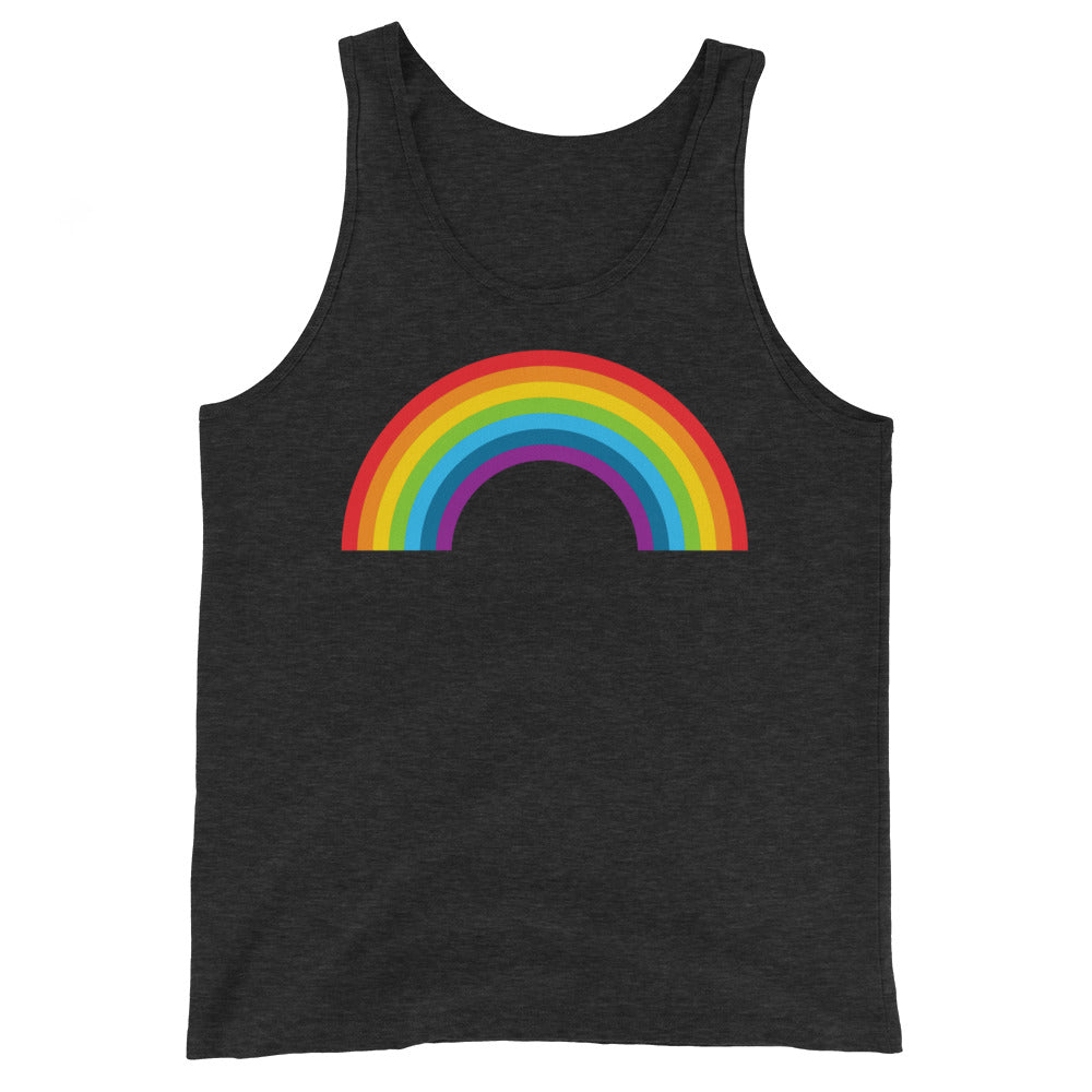 Unisex tank top in dark heather gray with a vibrant Pride rainbow graphic centered on the chest—ideal for queer celebrations.