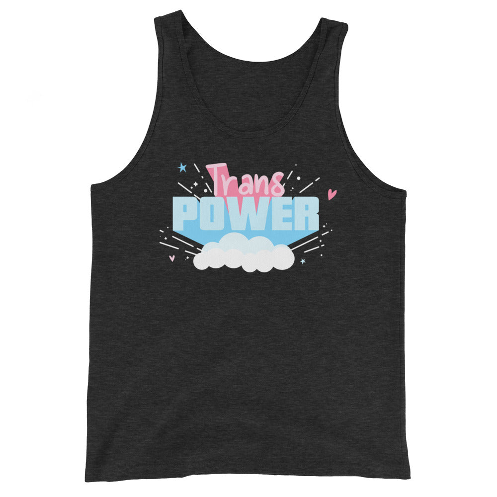 Front view of a dark charcoal tank top with colorful “Trans Power” cloud graphic