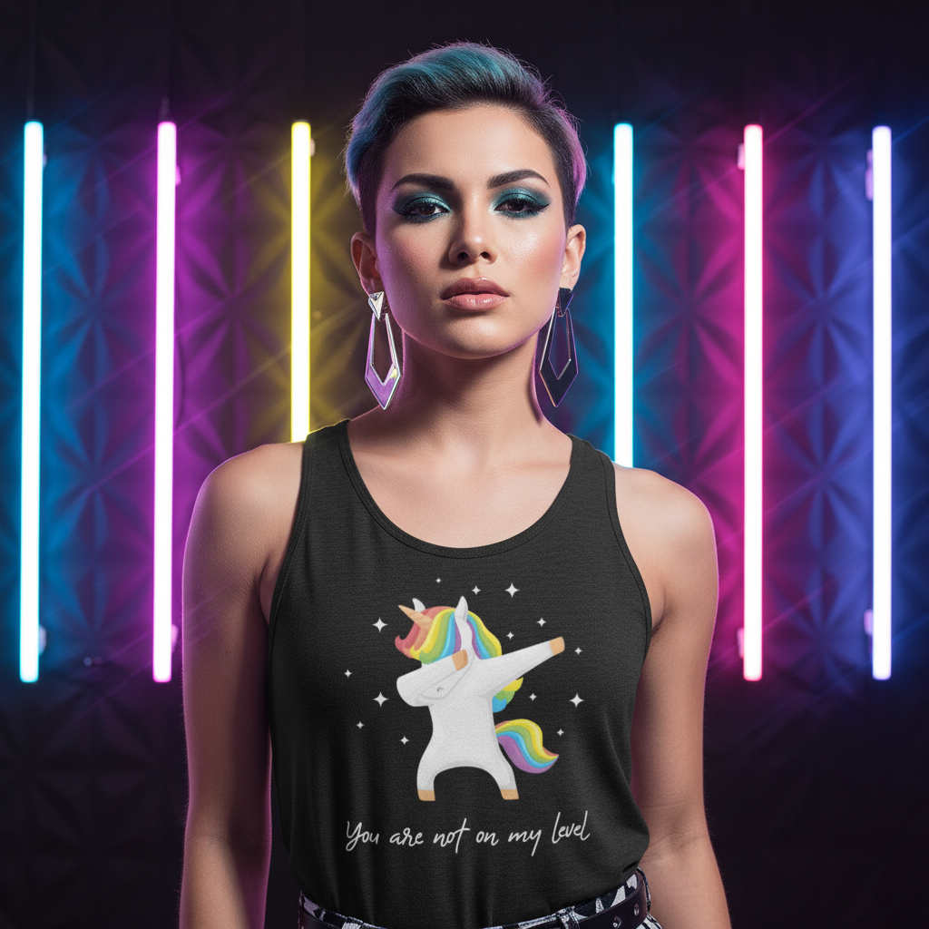 You Are Not On My Level Unisex Tank Top with "You Are Not On My Level" slogan and a dabbing, rainbow-maned unicorn.