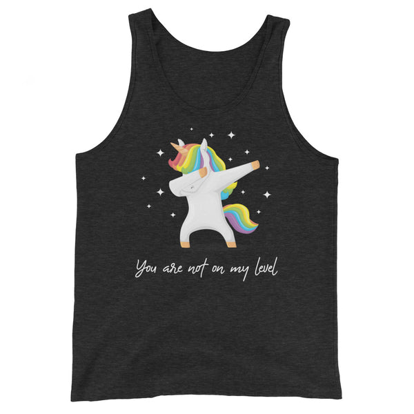 Black unisex tank top with a cartoon unicorn rocking a rainbow mane, gold crown, dabbing, stars, and 