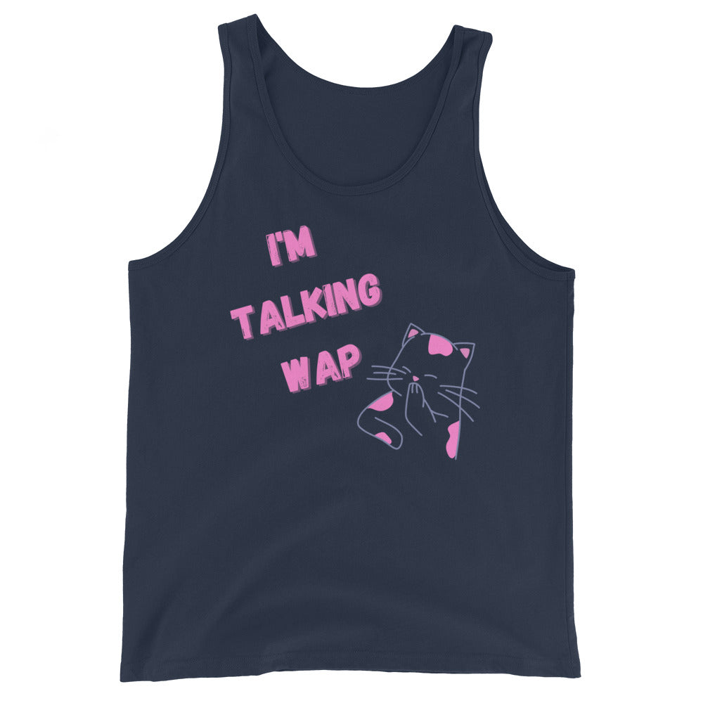Front view of a navy tank top reading “I'M TALKING WAP” with a pink-and-purple cat graphic