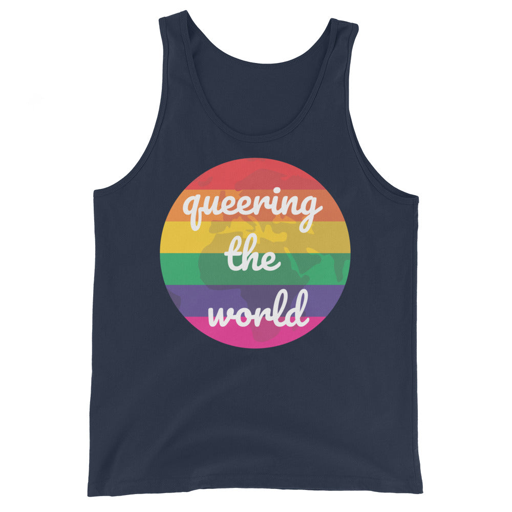 Navy unisex tank top with a rainbow-striped circle reading “queering the world”