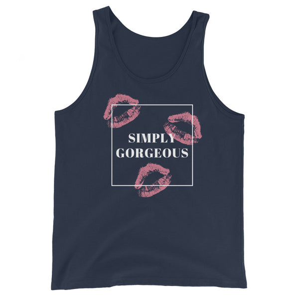 Unisex tank in navy, features a bold “SIMPLY GORGEOUS” center print in a white square, ringed by three pink lipstick kisses—queer chic.