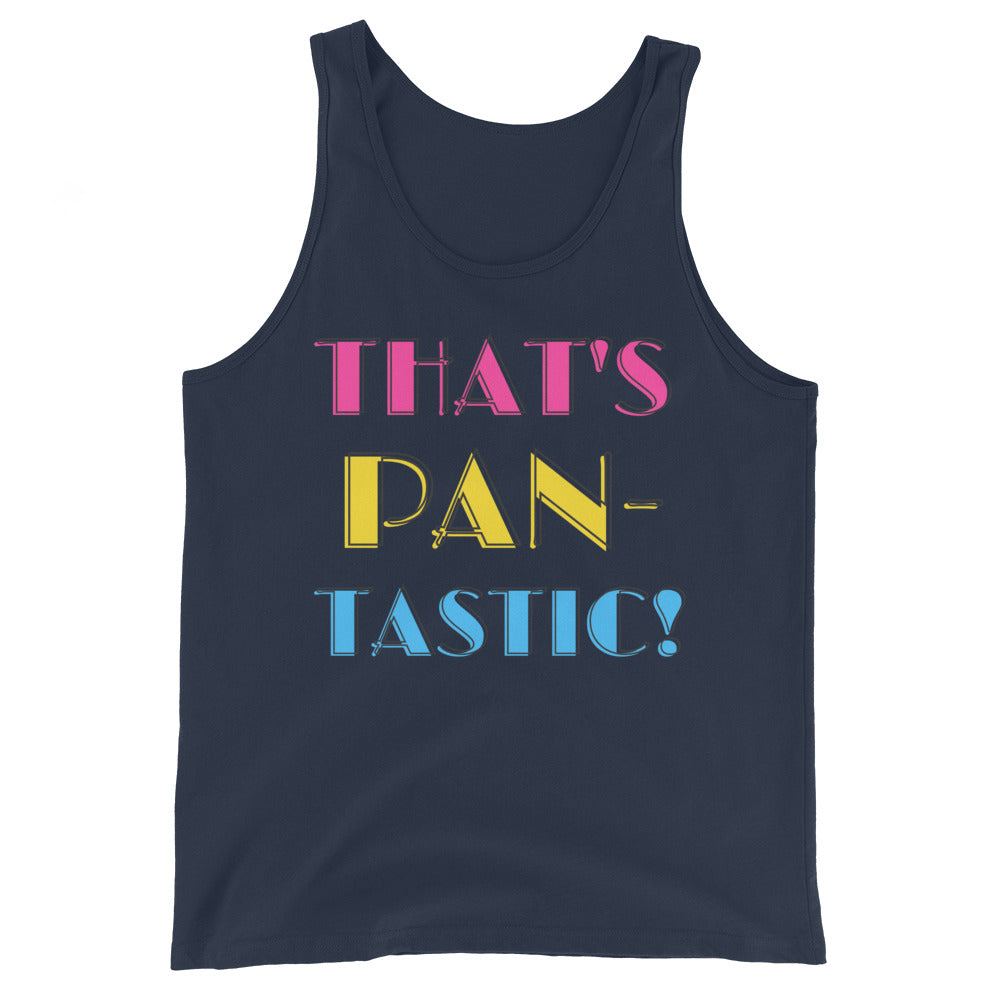 Navy blue tank top with colorful lettering reading “THAT’S PAN-TASTIC!”