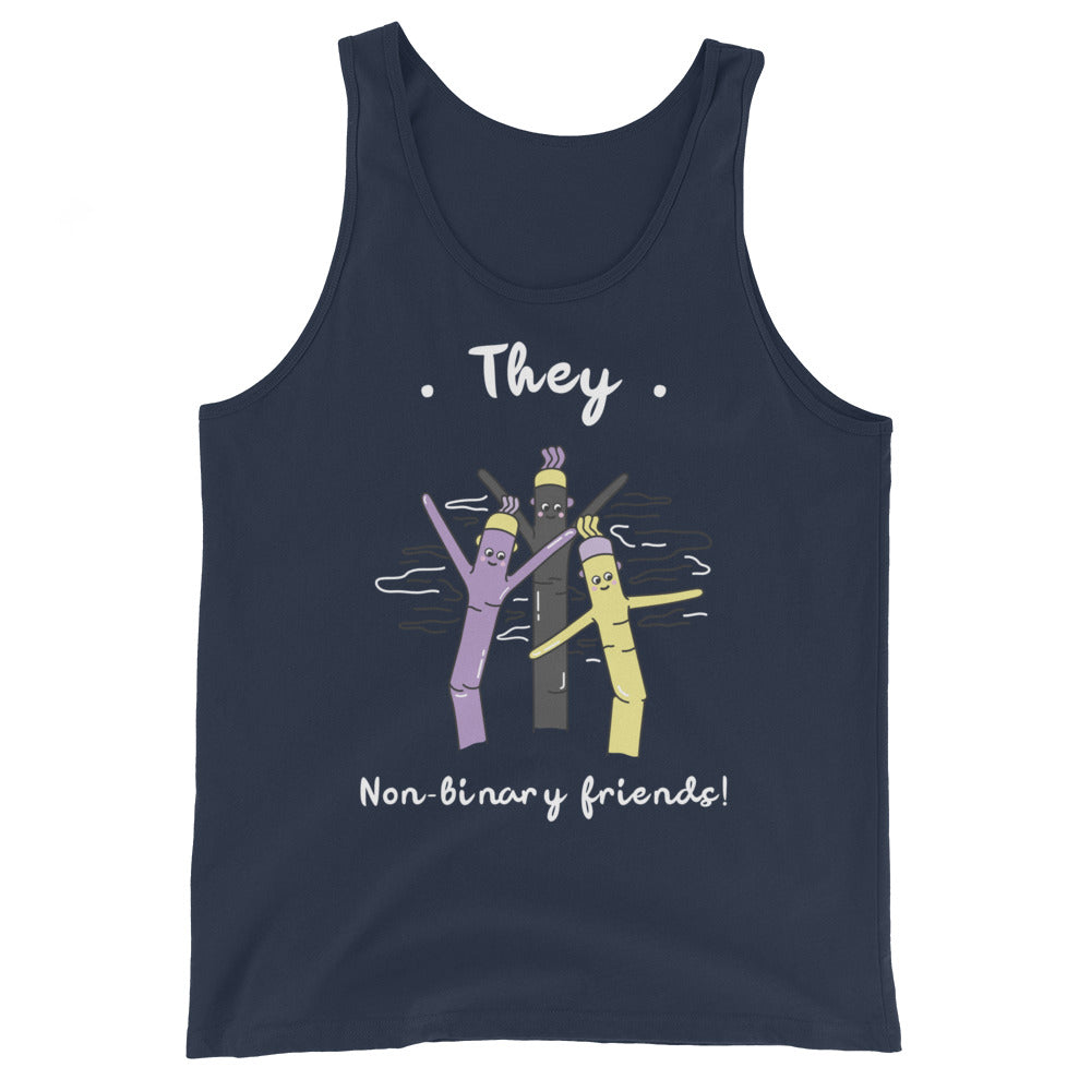 Front view of a navy tank top reading “They” and “Non-binary friends!” with three characters