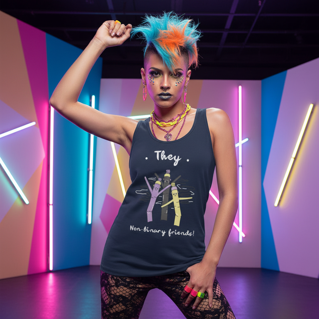 They Non-Binary Friends Unisex Tank Top featuring cartoon figures and pride-inspired style, worn by a vibrant queer person in neon light.