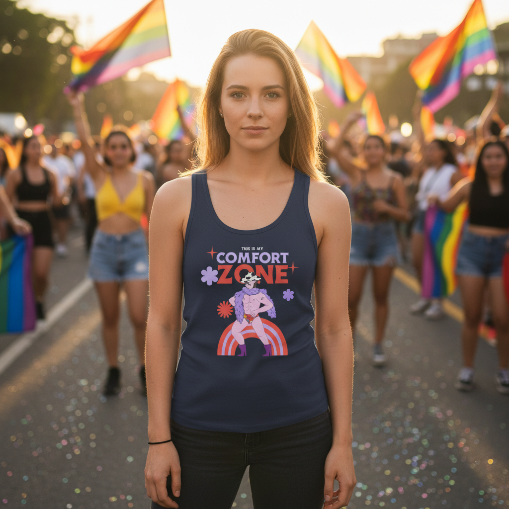 Young woman at a Pride parade wearing This Is My Comfort Zone Unisex Tank Top, a dark-blue tank featuring a rainbow motif and an iconic figure, embodying queer pride and self-expression.
