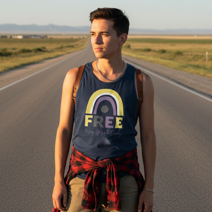 Free To Say: Life Isn't Binary!" unisex tank top worn by a queer person on a rural sunset road, with khakis, plaid shirt at waist.