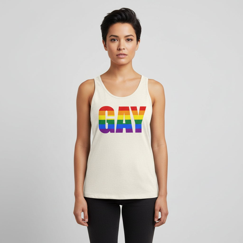 Gay Unisex Tank Top with bold rainbow-striped "GAY" letters, Pride flag vibes; worn by a woman with black pants on gray backdrop.