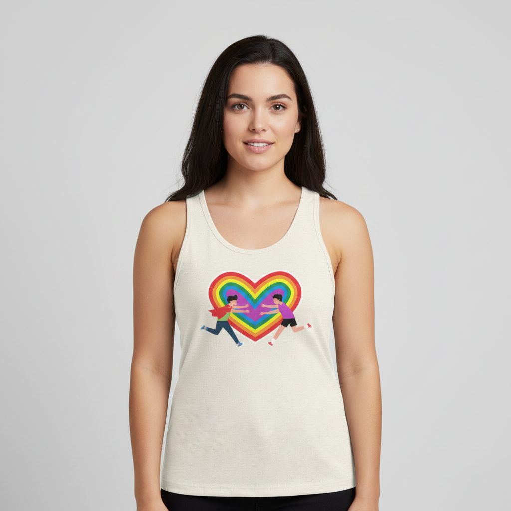 Gay Couple Unisex Tank Top in cream, rainbow-striped heart Pride graphic with two figures running to each other. Queer joy vibes.