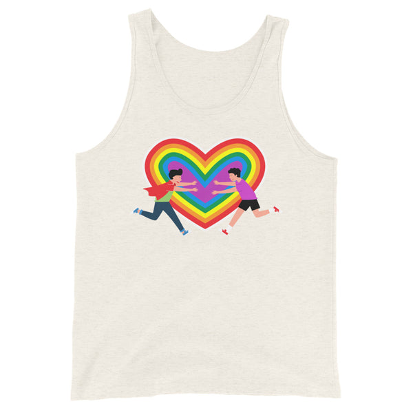 Unisex tank top with a rainbow-striped heart and two people running toward each other, repping queer love and LGBTQ+ Pride.