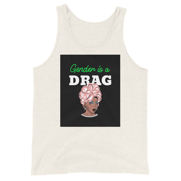 Unisex tank top in cream with a vibrant pink-haired drag queen and pearls, plus “Gender is a DRAG” in bold green and white text.