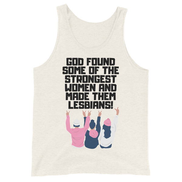 Unisex cream tank top with bold black text: 