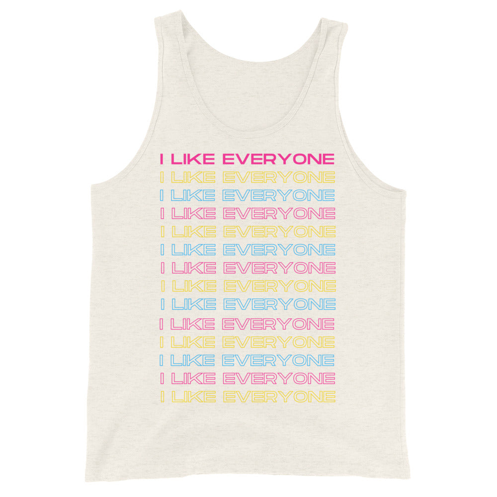 Front view of an off-white tank top repeating “I LIKE EVERYONE” in pink, yellow, and blue