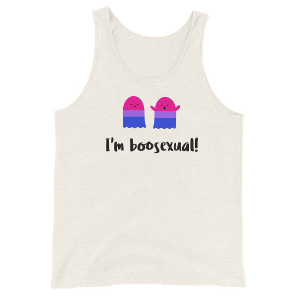 Unisex cream tank top with two adorable bisexual flag ghosts and the cheeky slogan 