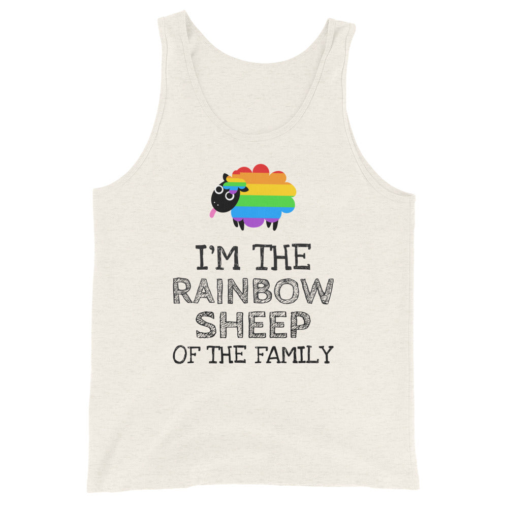 Front view of a beige tank top with a rainbow sheep and “I'M THE RAINBOW SHEEP OF THE FAMILY” text