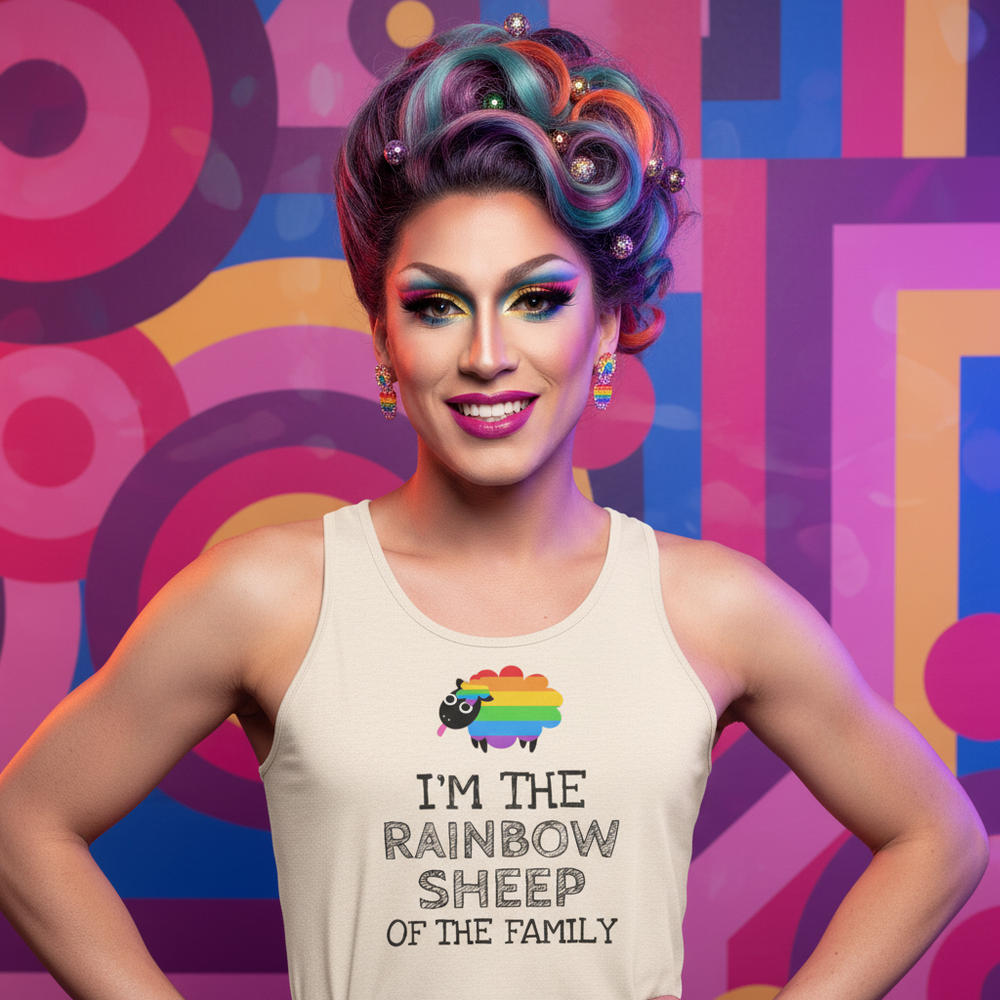 Person wearing a cream tank top with a rainbow sheep and “I’M THE RAINBOW SHEEP OF THE FAMILY”