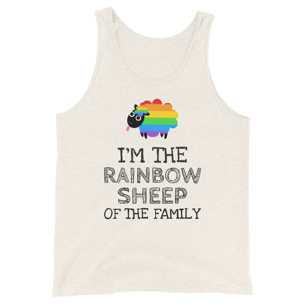 Unisex tank top with beige background, features cartoon sheep in rainbow stripes and glasses above bold “I’m The Rainbow Sheep Of The Family” text, serving queer pride with playful, inclusive vibes.