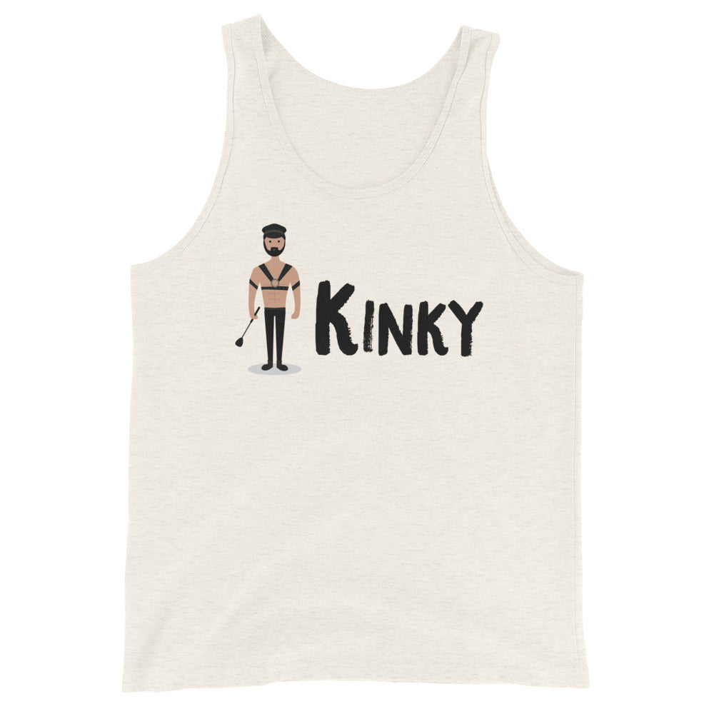 Kinky Unisex Tank Top with cartoon figure and "Kinky" text worn by a smiling young man at Pride, rainbow flags and queer crowd behind.