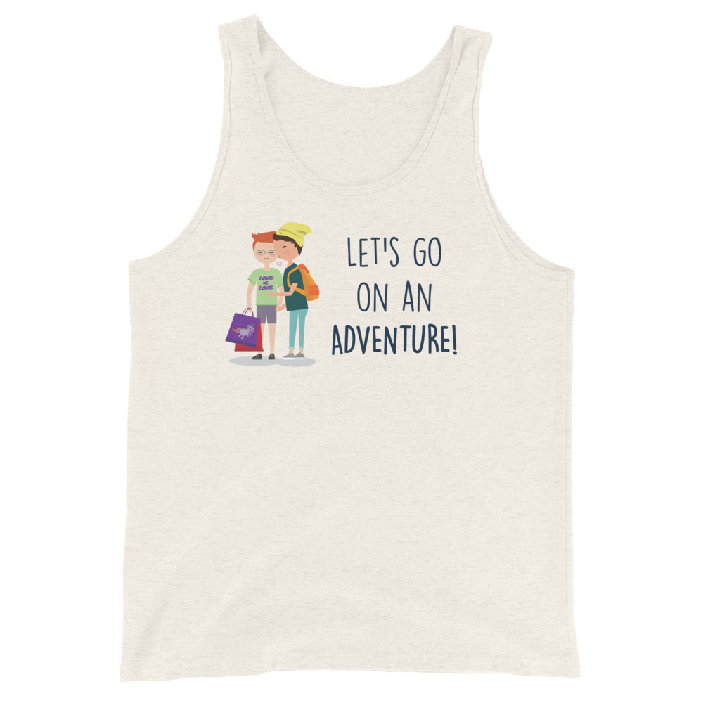 Cream unisex tank top with two joyful kids carrying backpacks and a duffel, fronted by bold blue "LET'S GO ON AN ADVENTURE!.