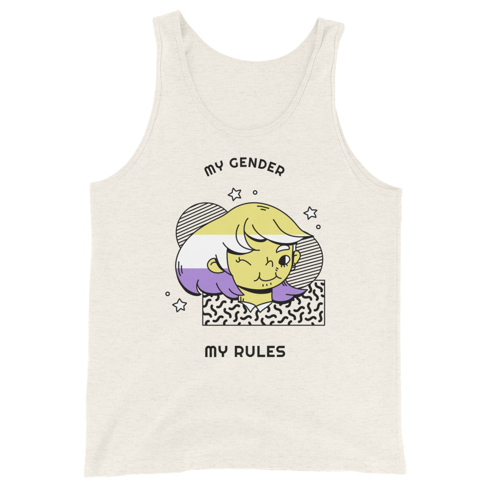 Front view of a cream tank top reading “MY GENDER” and “MY RULES” with a colorful cartoon face