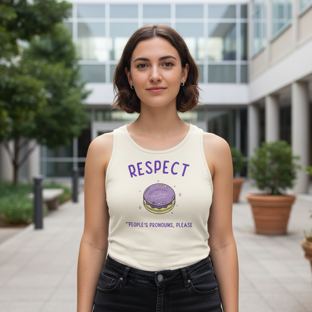 Respect People’s Pronouns Please Unisex Tank Top worn by a short-haired woman outside in a courtyard with plants and modern buildings.