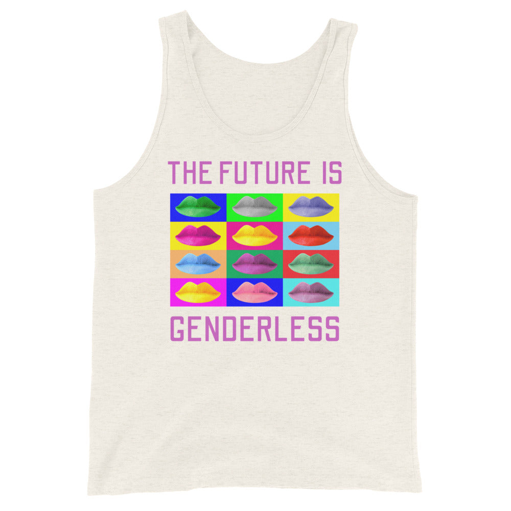 Front view of an off-white tank top reading “THE FUTURE IS GENDERLESS” above colorful lips