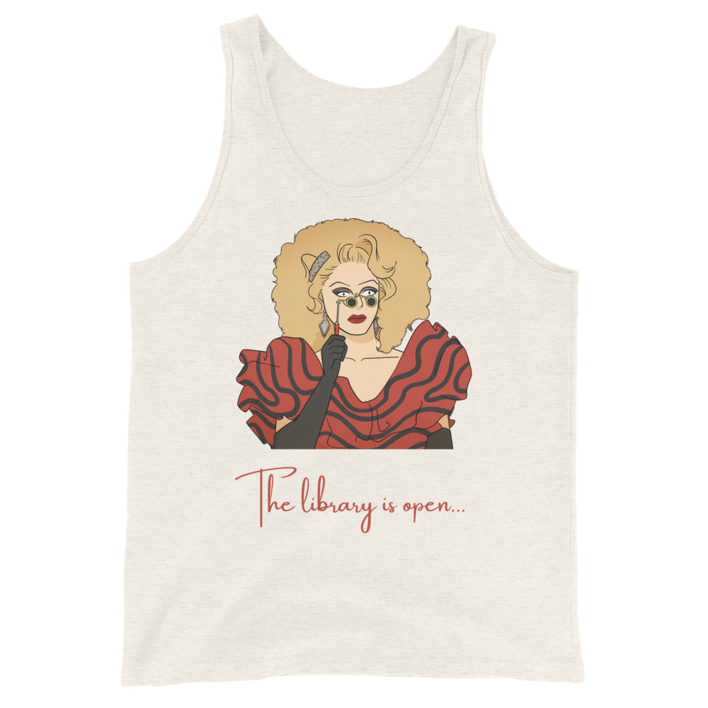 Front view of a cream tank top with a drag performer illustration and “The library is open...” text