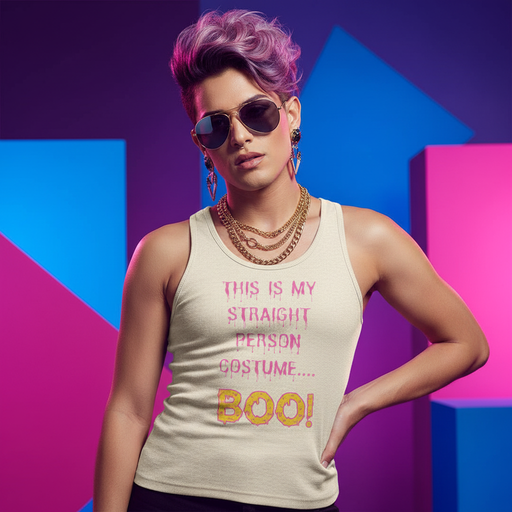 This Is My Straight Person…Boo! Unisex Tank Top" on a confident queer with short purple hair, gold chains, and sunglasses, posing by bold blue and pink backgrounds.
