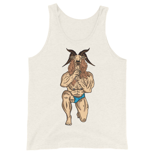 Throat Goat Unisex Tank Top with a buff kneeling goat-headed figure, worn by a queer person at a pride parade with rainbow flags.